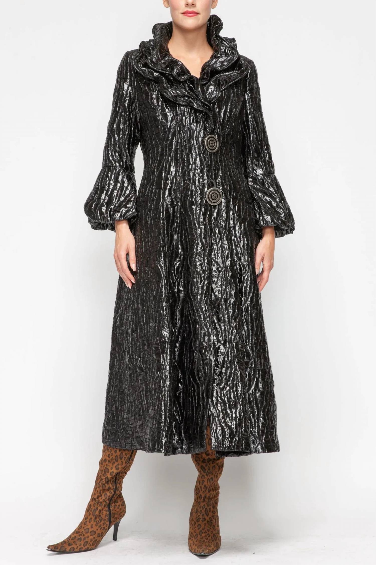 Ic Collection - Metallic Double Wire Ruffle Collar Long Blouson Sleeve Jacket