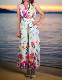 Zenara - Tropical Print Sleeveless With Self-tie Belt Jumpsuit