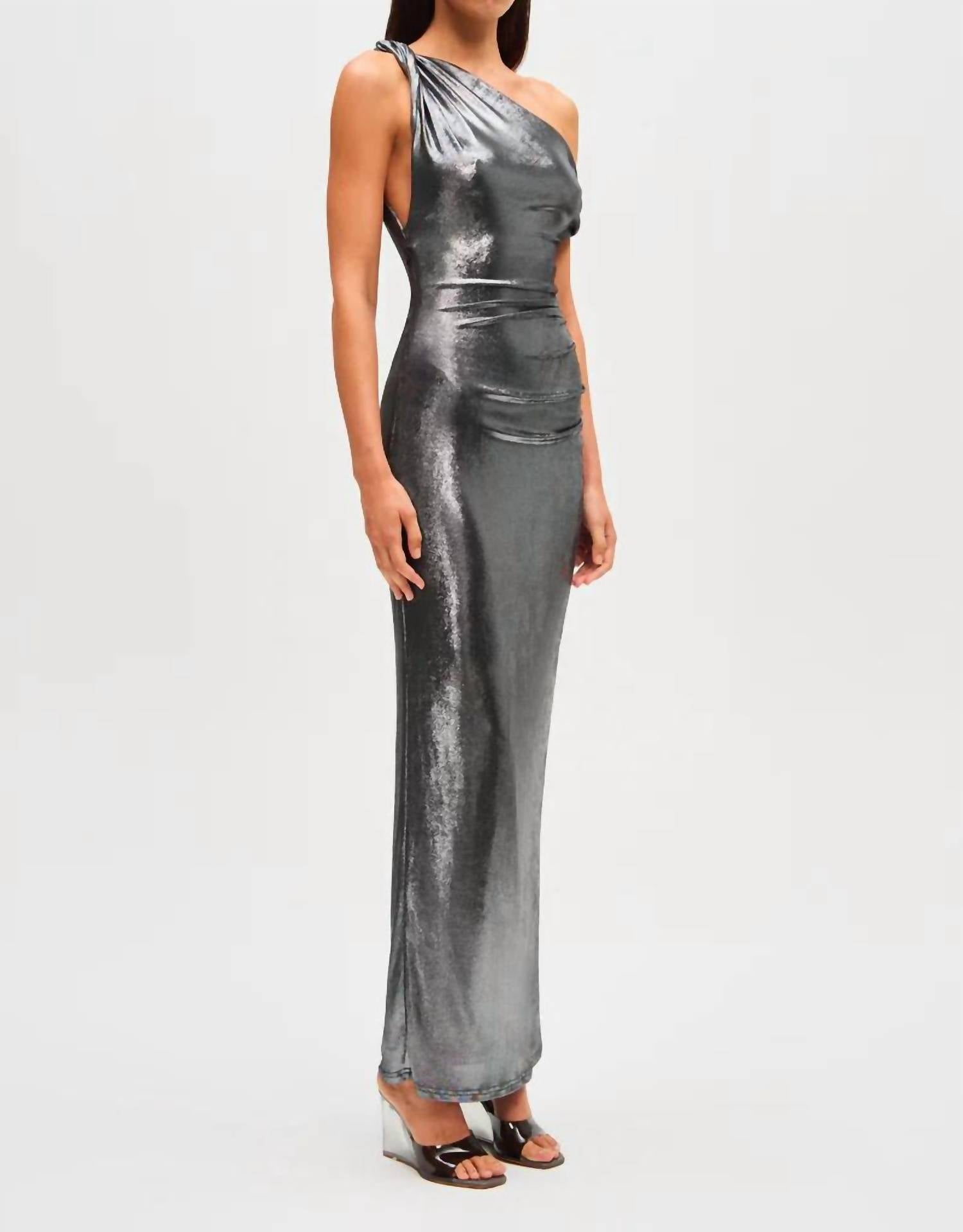 MISHA Nyra Metallic Gown in silver - women's dress - alternate view