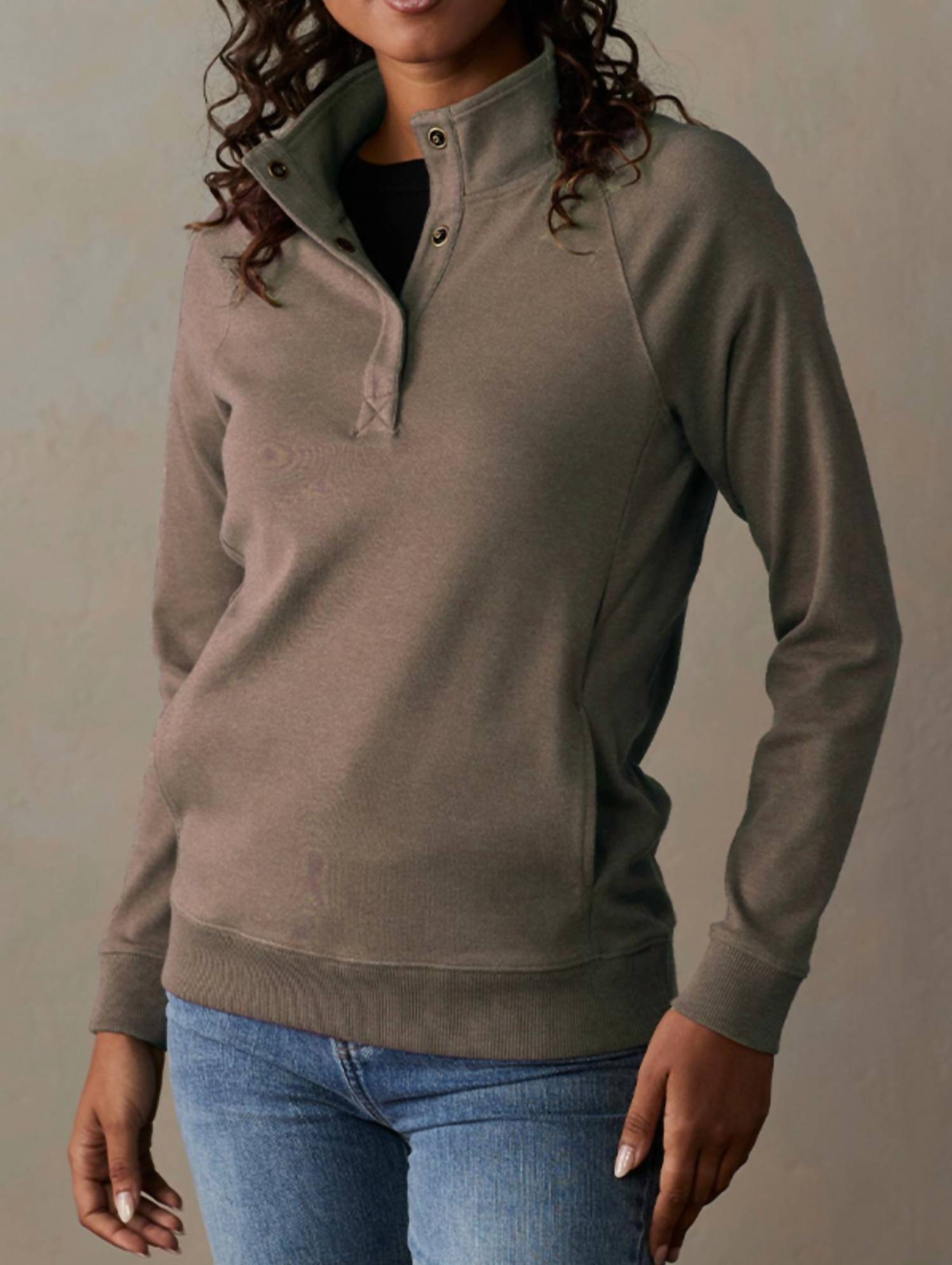 The Normal Brand Puremeso Weekend Snap Pullover in taupe - women's long sleeve top