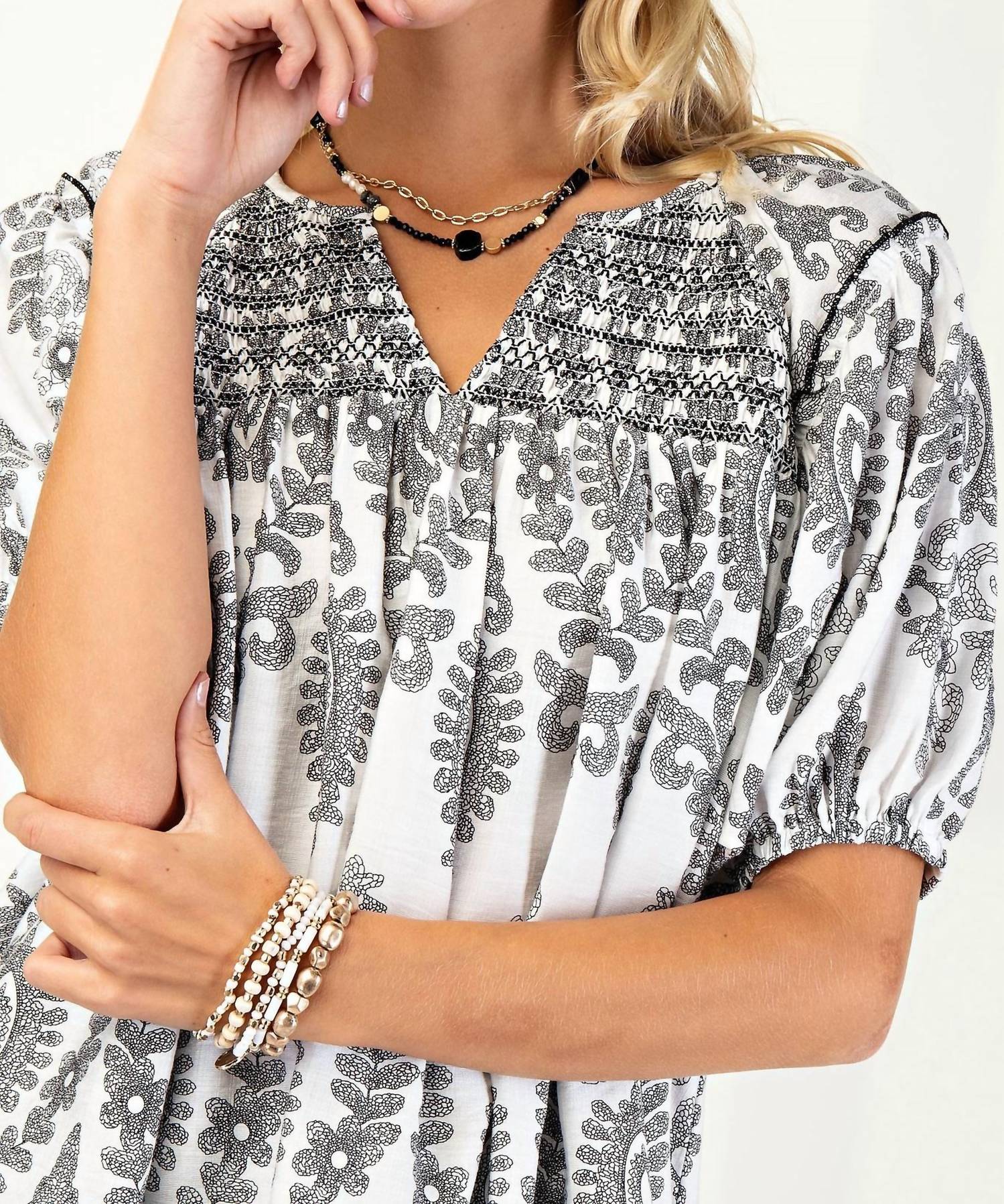 GiGiO Smocked Short Sleeve Top in grey - women's blouse - view 4