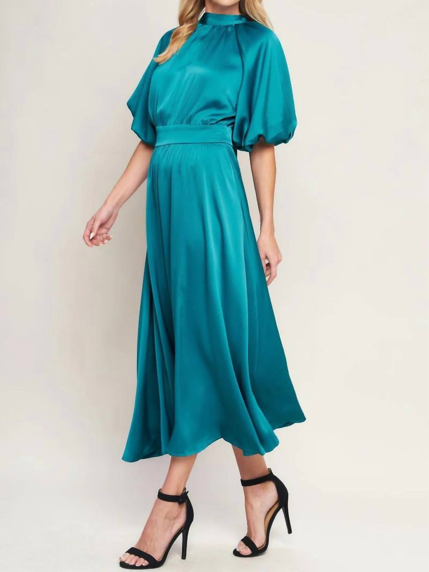 Flying Tomato - Mock Neck Bell Sleeve Satin Effect Midi Dress
