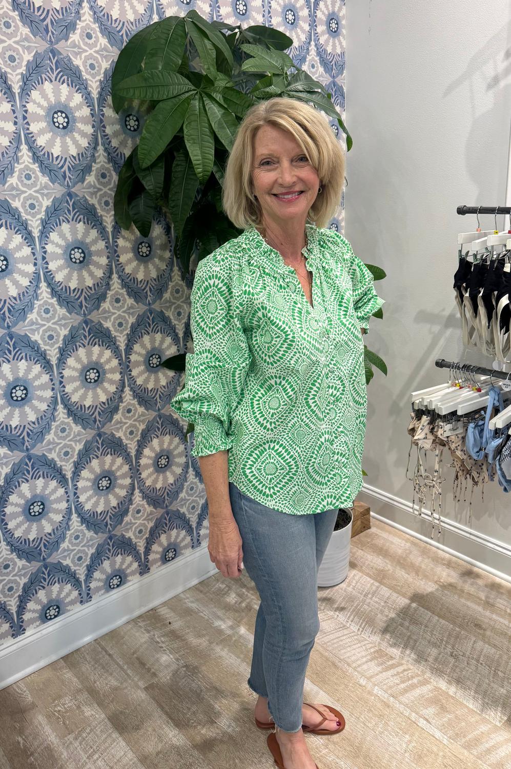Fitzroy & Willa Abigail Blouse in green batik - women's blouse - alternate view