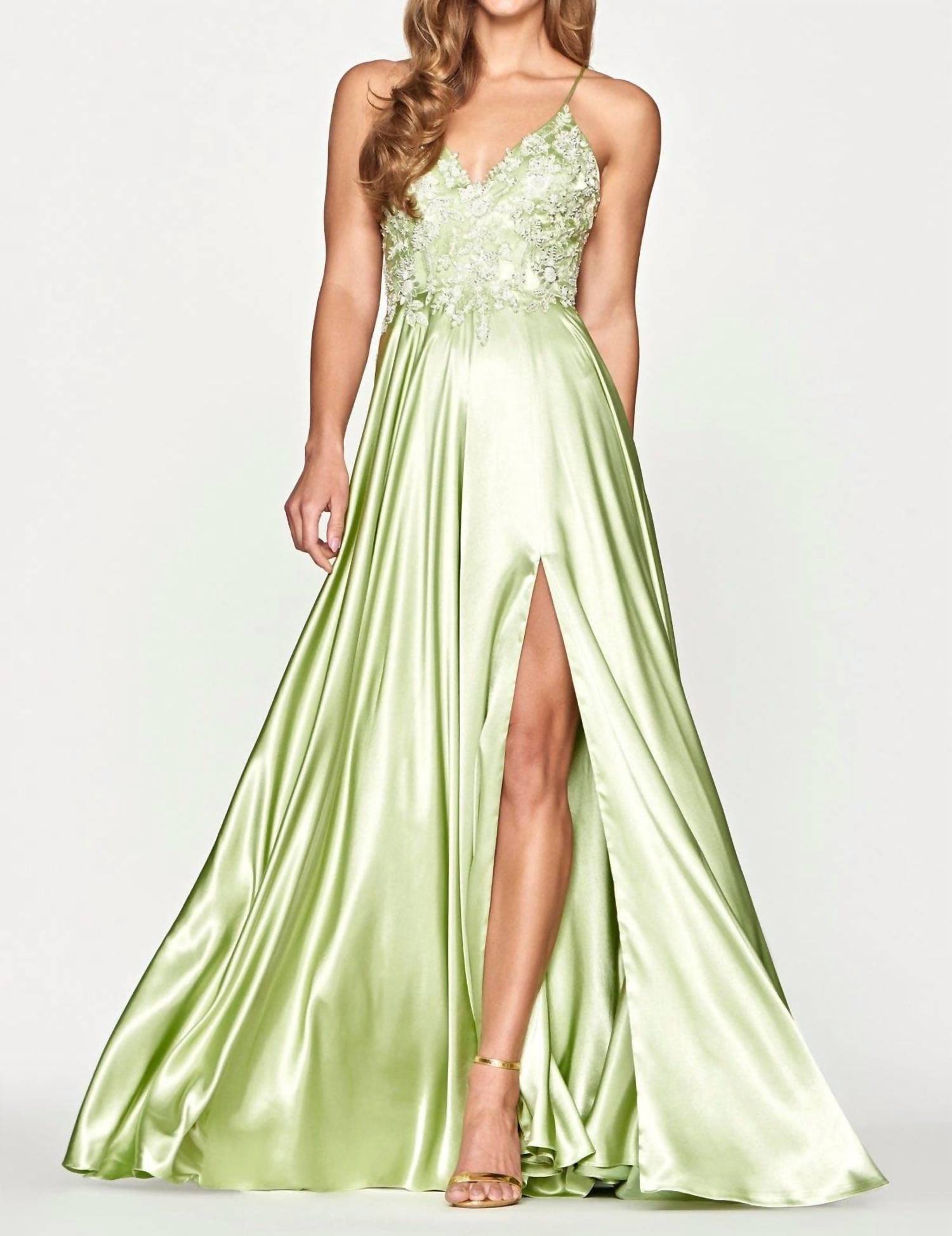 FAVIANA Beaded Bodice A-line Gown in celery - women's dress