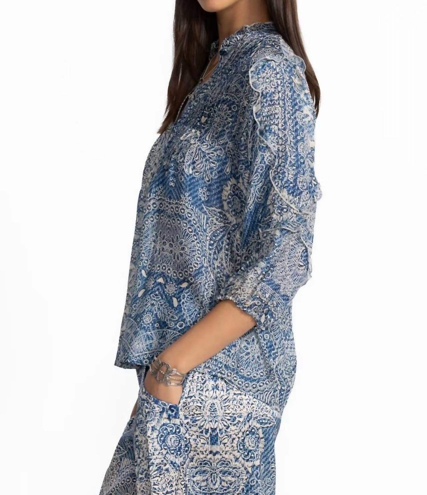 Johnny Was Zeeland Silk Blouse in denim print - women's blouse - alternate view