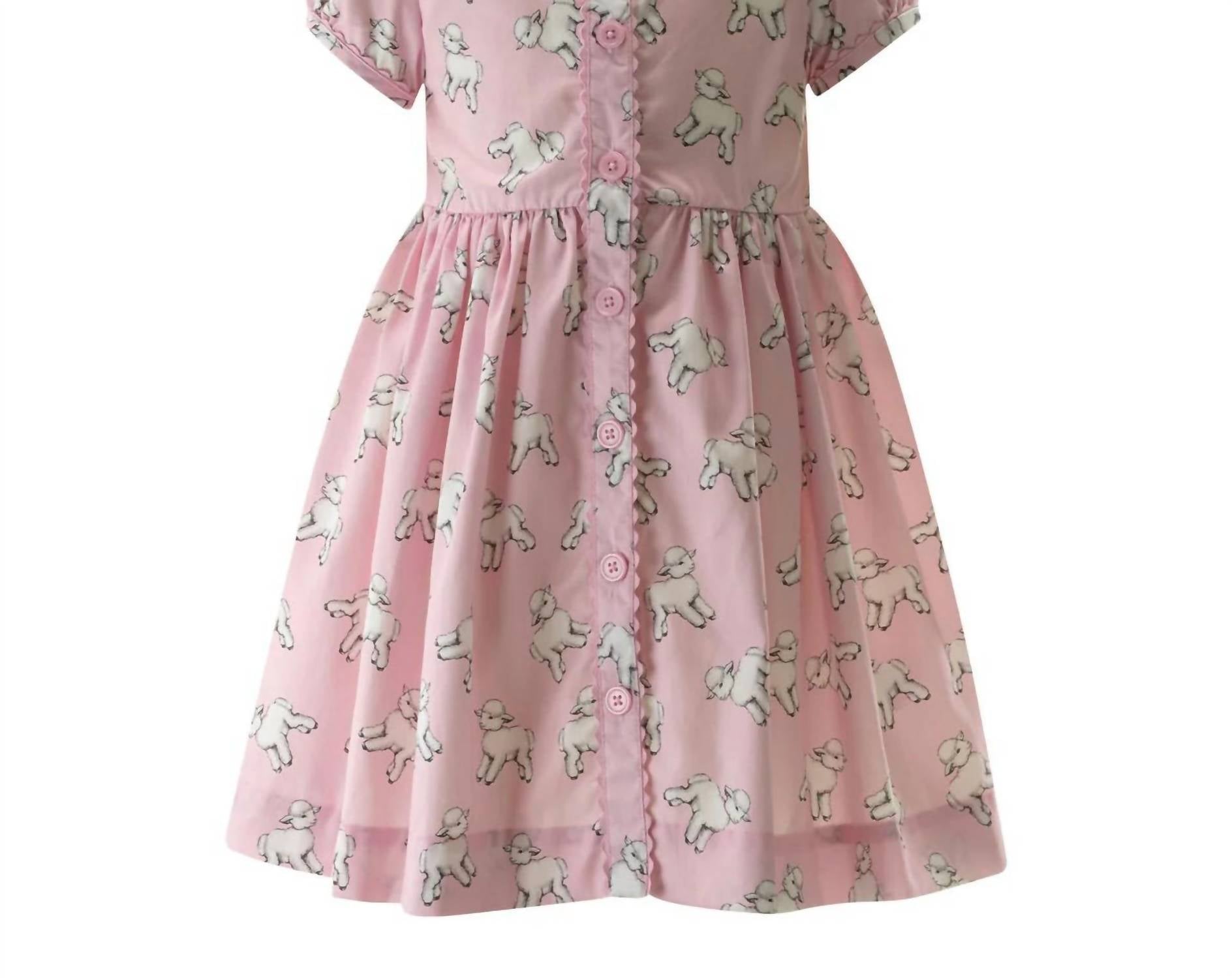 Rachel Riley Girl's Lamb Button Front Dress in pink - kids' dress