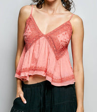 Pol - V-neck Sleeveless Embroidered Woven Top