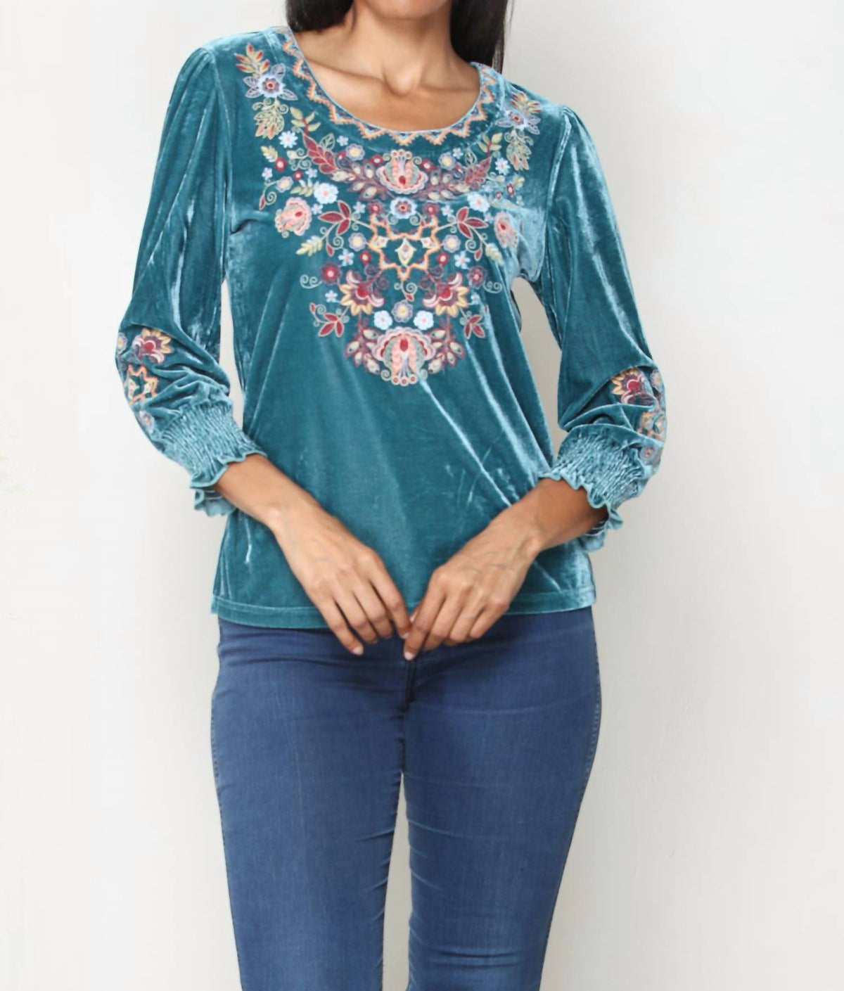 Paparazzi - Stretch Velvet Embroidered Pull-Over Blouse