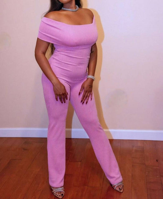 Yellow Cabbage - Ribbed Off Shoulder Jumpsuit