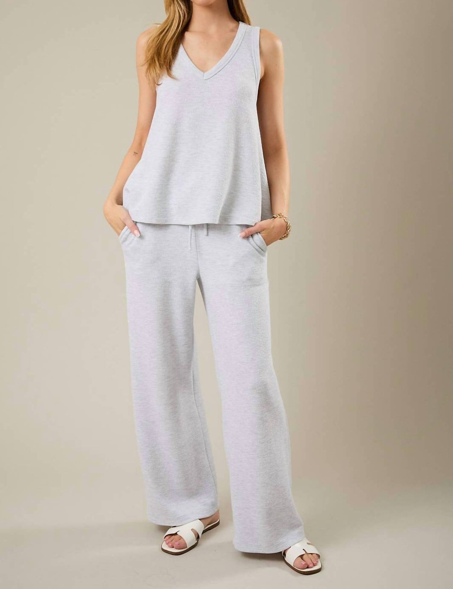GILLI Mid Rise Drawstring Wide Leg Pants in heather grey - women's pants