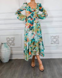 Surelymine - Bubble Sleeves Floral Cut-Out Ruffle Midi Dress