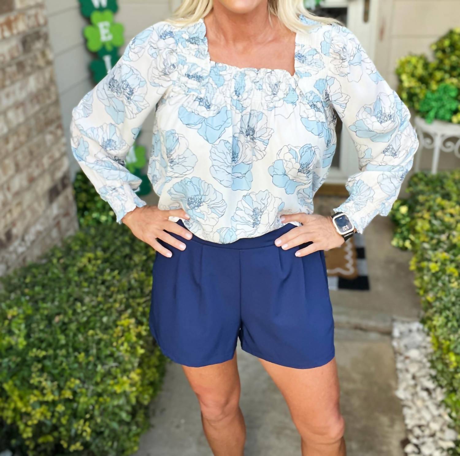 Little Daisy Closet Floral Print Frilly Smocked Square Neck Blouse in sky blue - women's blouse - detail view