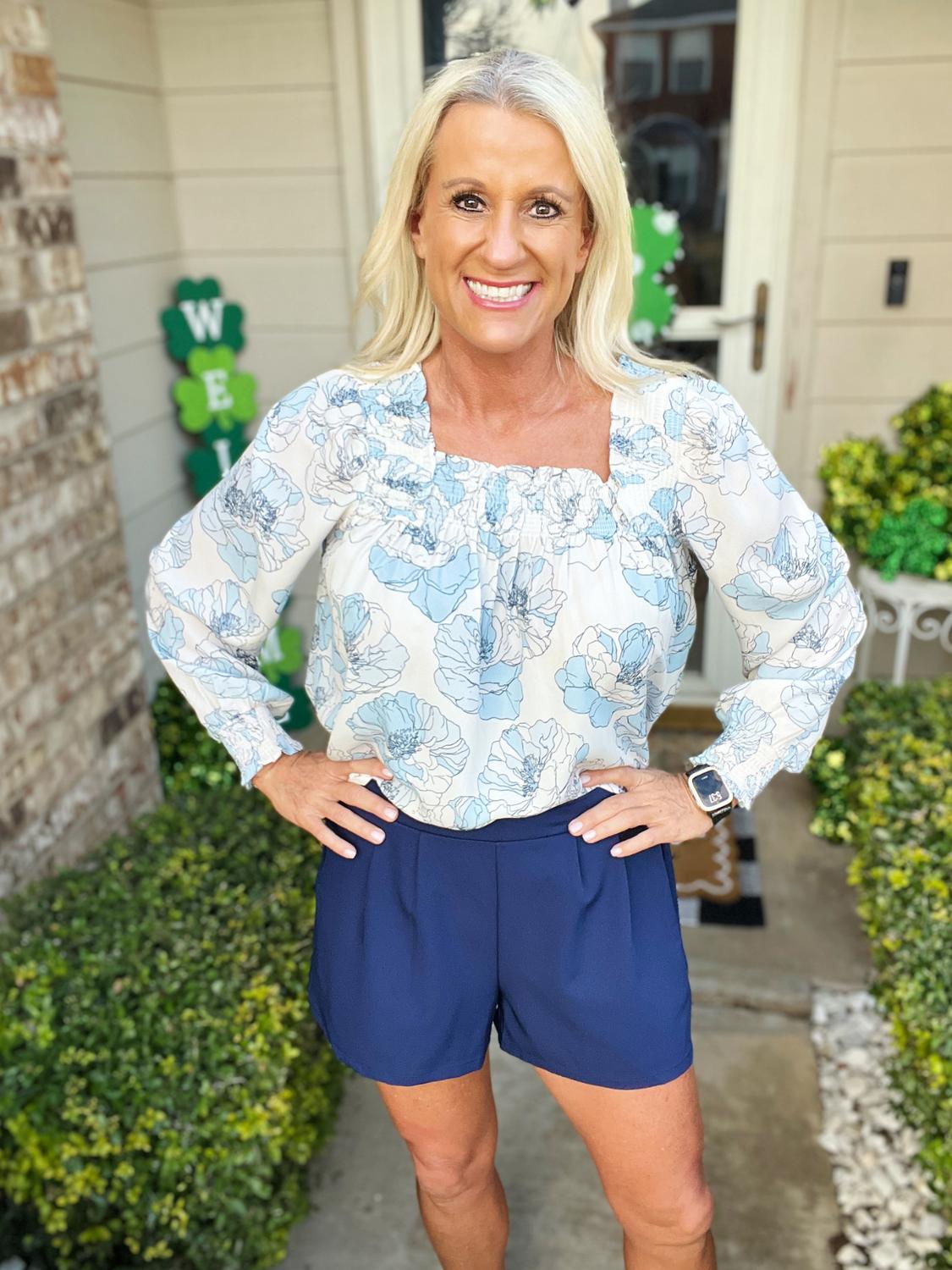Little Daisy Closet Floral Print Frilly Smocked Square Neck Blouse in sky blue - women's blouse - alternate view