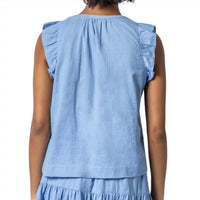 Lilla P Women's Flutter Sleeve Split Neck Top in harbor - women's tank top - detail view