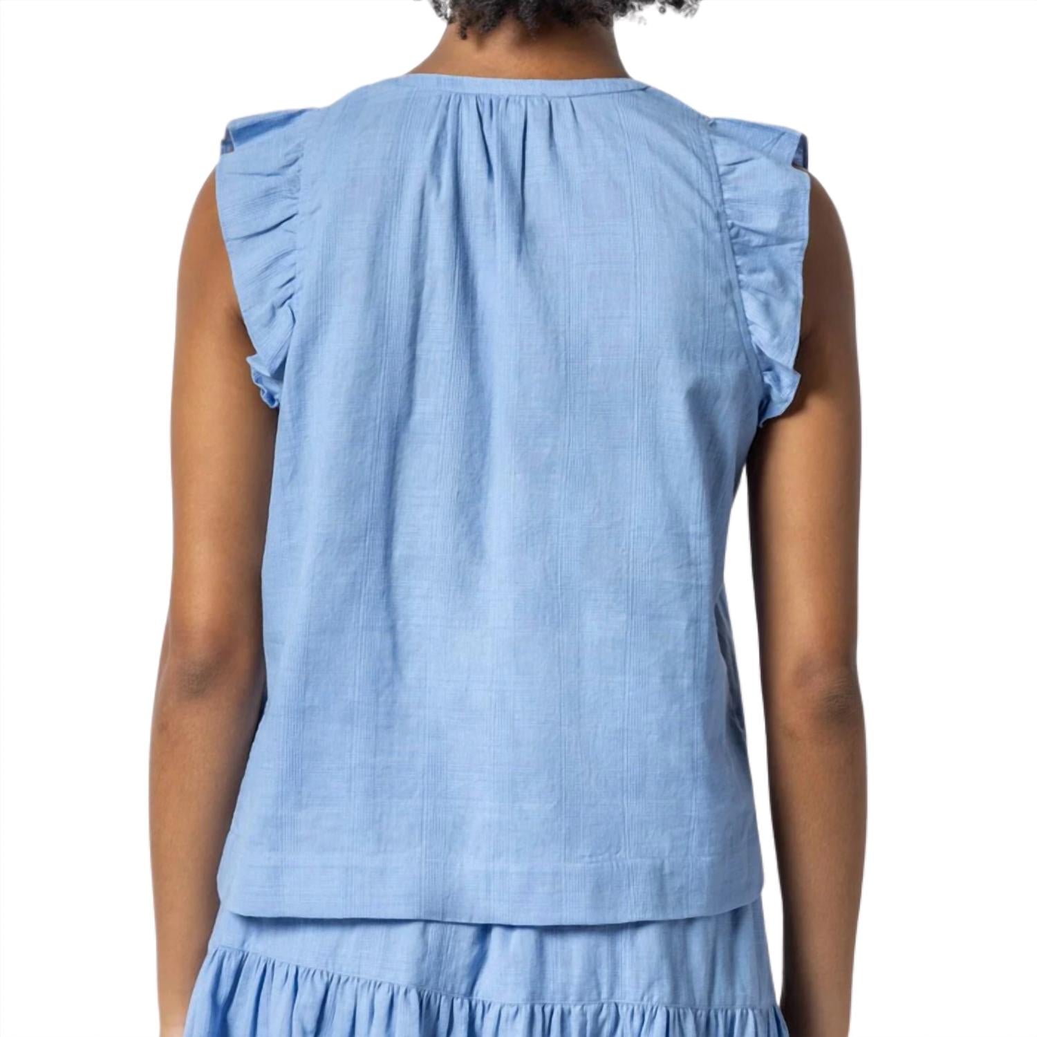 Lilla P Women's Flutter Sleeve Split Neck Top in harbor - women's tank top - detail view