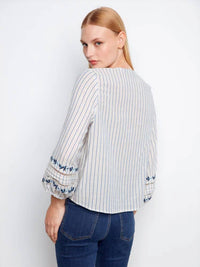 Charlie B - Yarn Dye Stripe V-Neck Tie Front Blouse With Embroidery