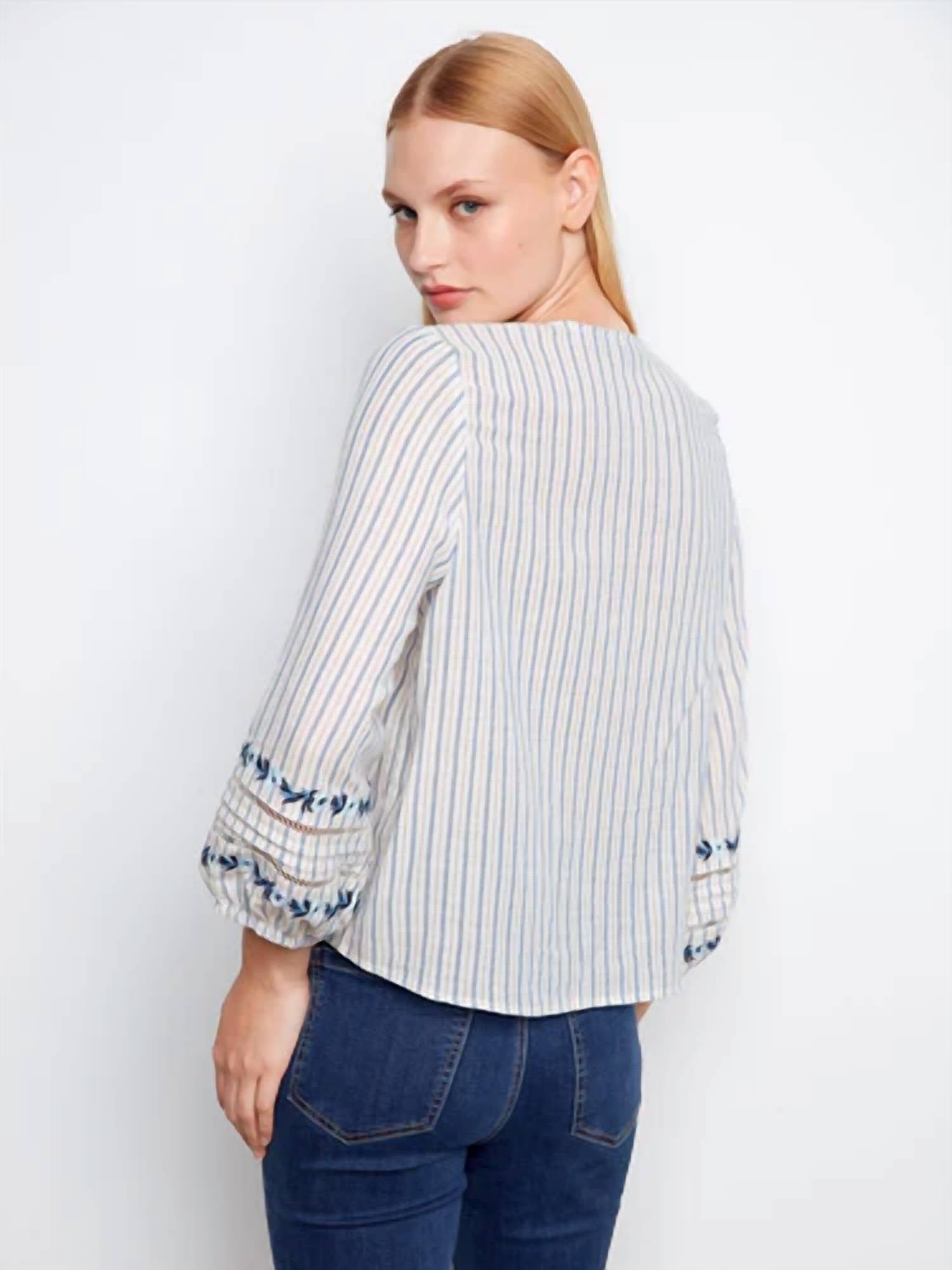 Charlie B - Yarn Dye Stripe V-Neck Tie Front Blouse With Embroidery
