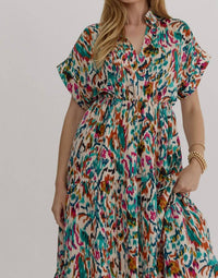 Entro - Satin V-neck Collared Midi Dress