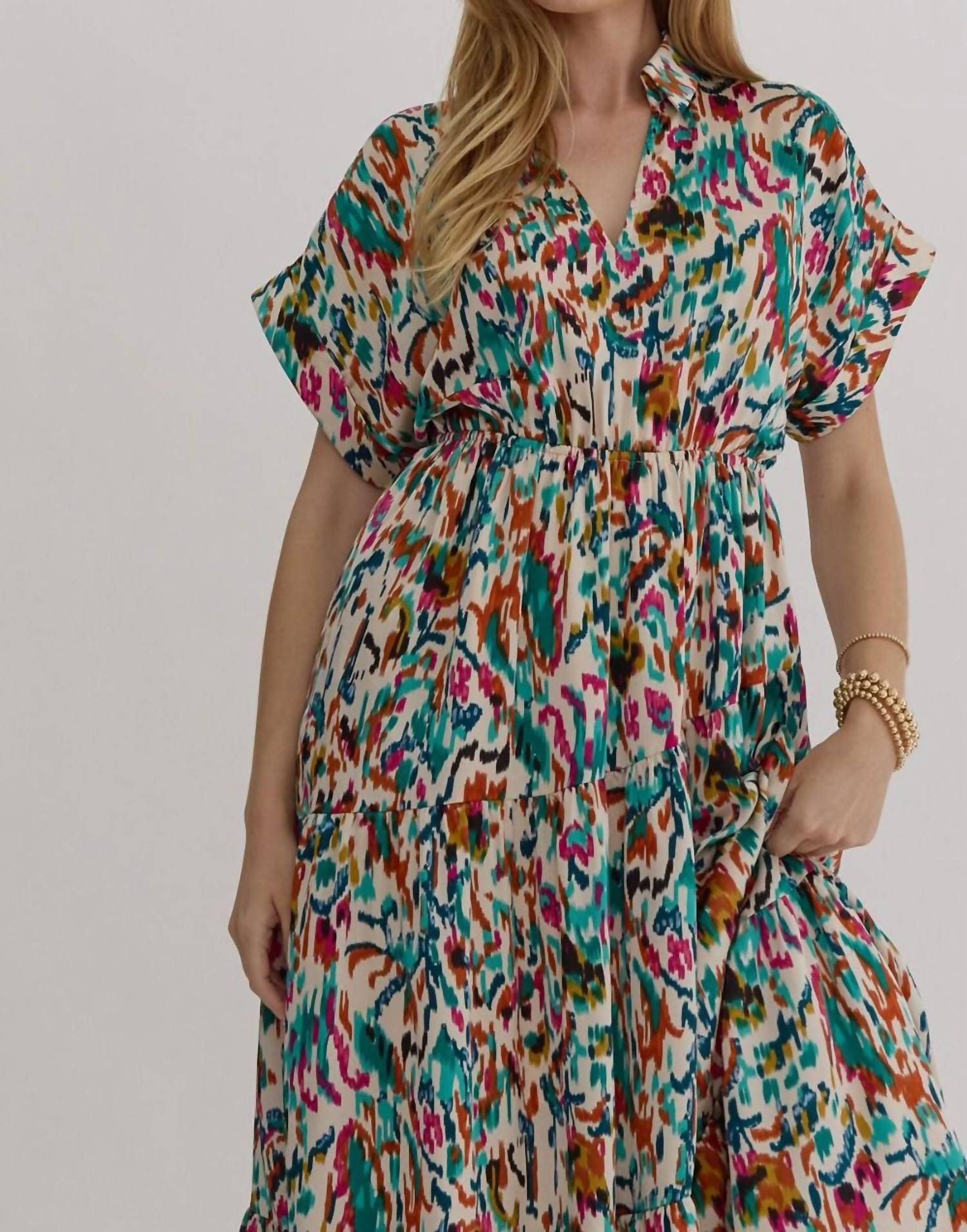 Entro - Satin V-neck Collared Midi Dress