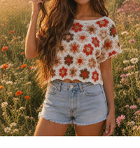 Apricot - Hexagon Flowers Crochet Top