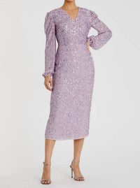 MAC DUGGAL Illusion Puff Sleeve V Neck Midi Dress in lavender - women's dress