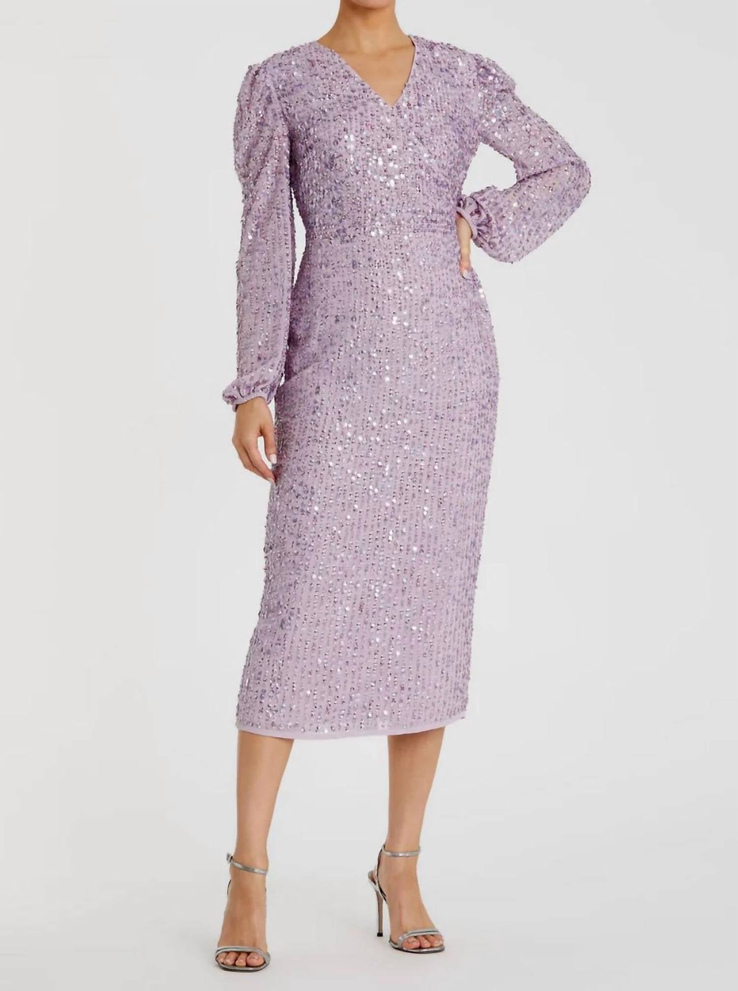 MAC DUGGAL Illusion Puff Sleeve V Neck Midi Dress in lavender - women's dress