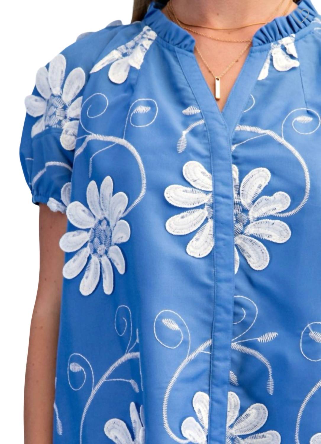 GiGiO Floral Appliqué And Embroidered V-neck Top in blue white - women's blouse - alternate view