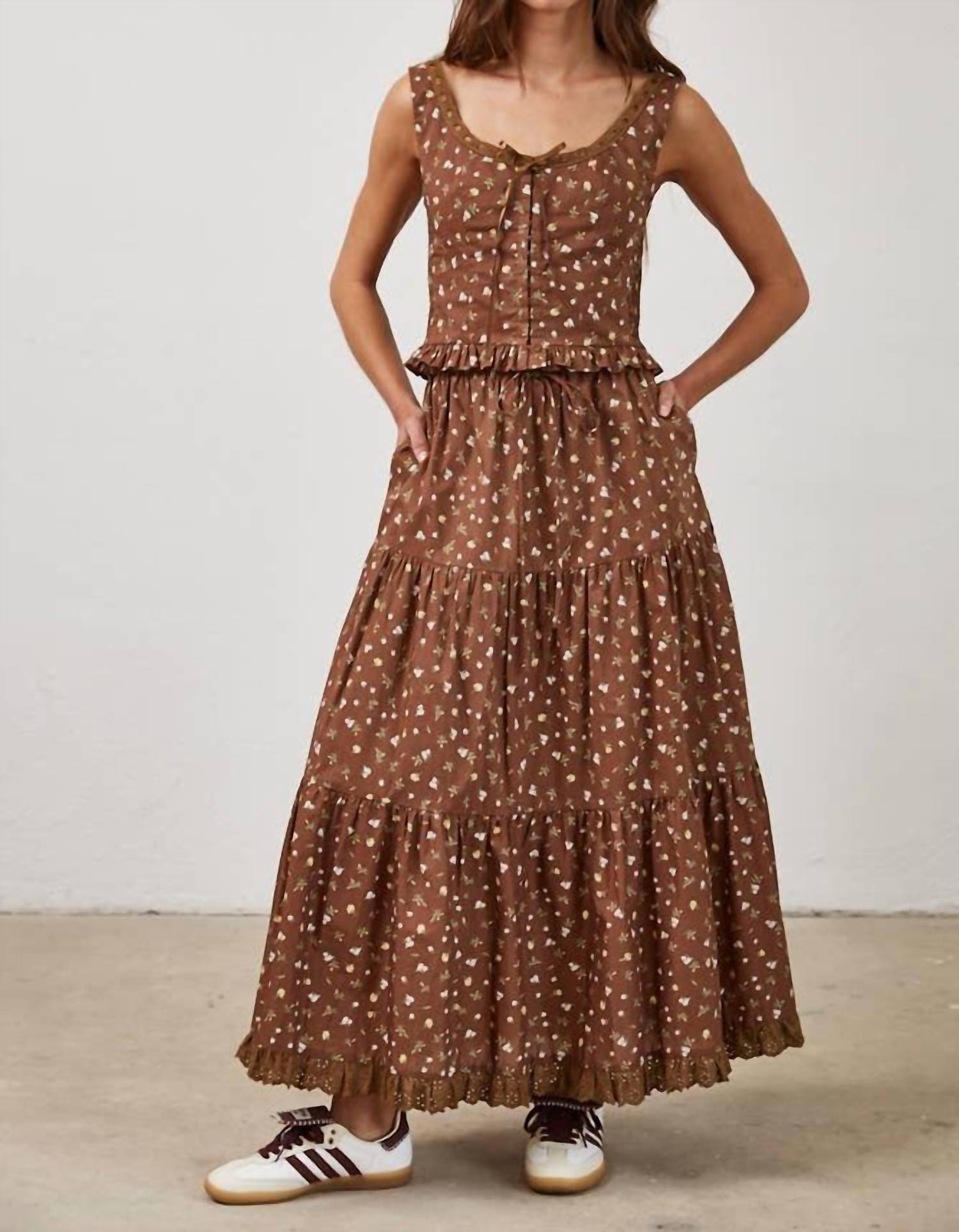 Creamon Floral Lace Trim Front Tie Top & Skirt Set in choco - women's skirt