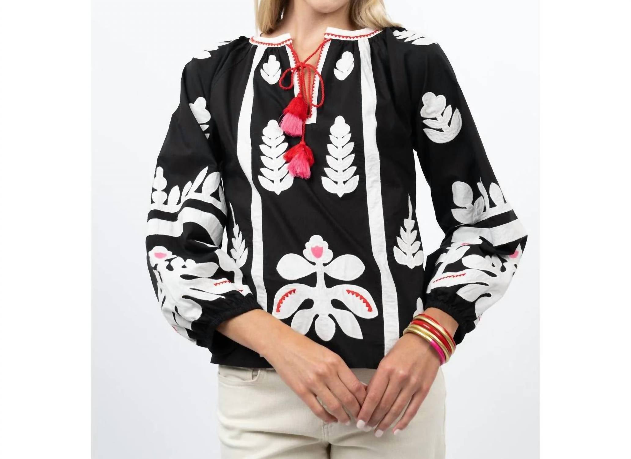 Ivy Jane Applique V-neck Top in black - women's blouse