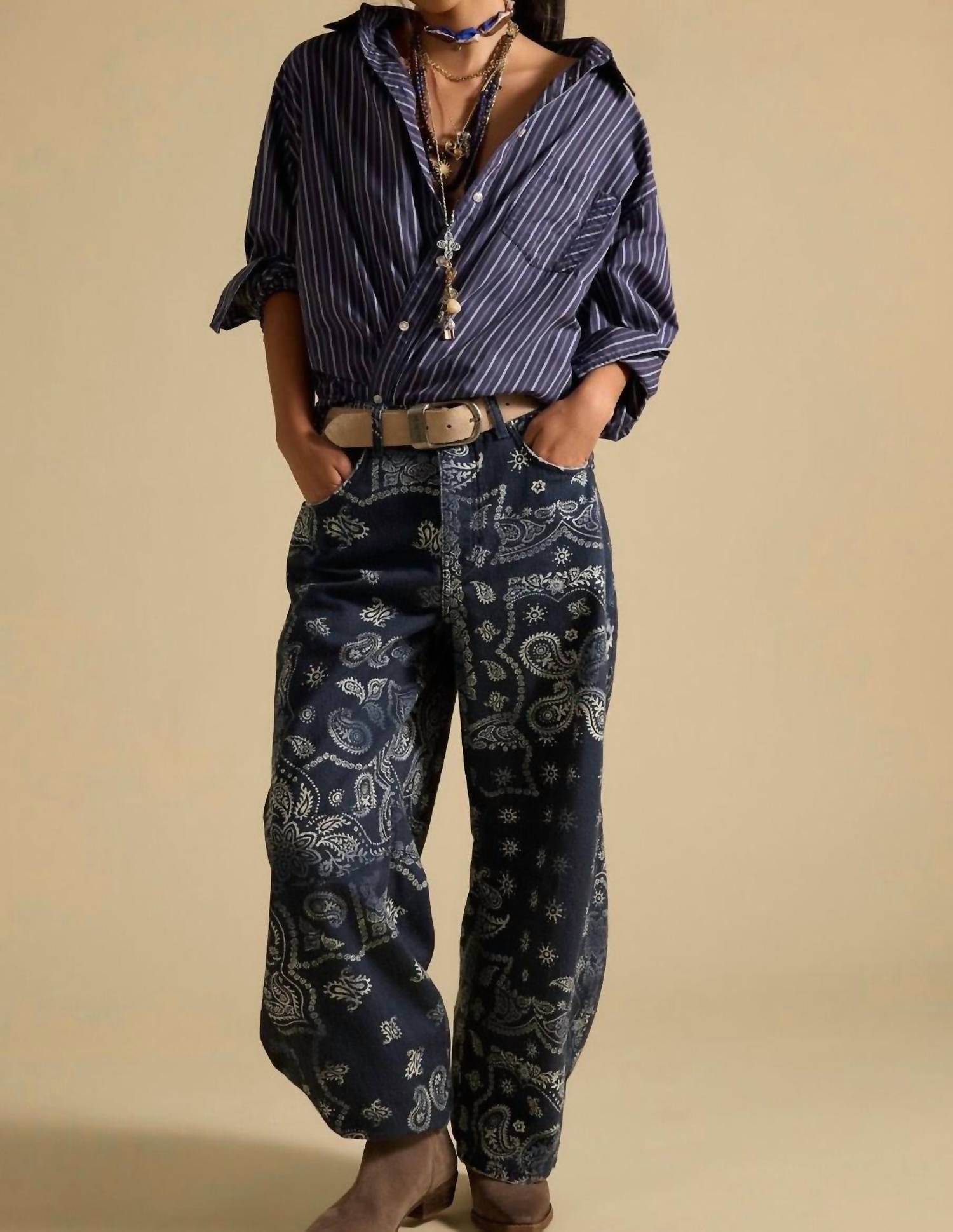 Free People - Good Luck Printed Barrel Jeans