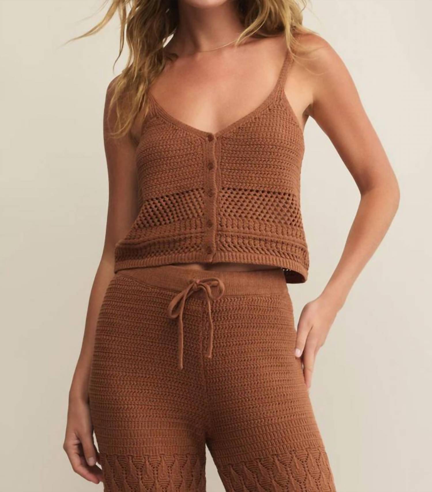Z Supply Tay Crochet Cropped Tank in teakwood - women's tank top - detail view