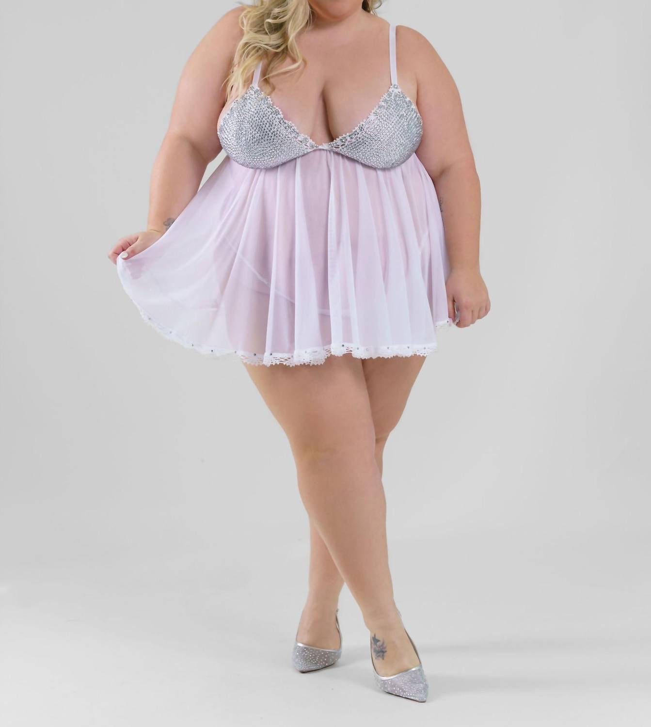 Isayes - Rhinestone Babydoll Nightwear Set - Plus