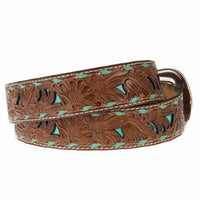 Nocona Belt Co. Floral Embossed Leather Western Belt in brown turquoise - men's accessory - detail view