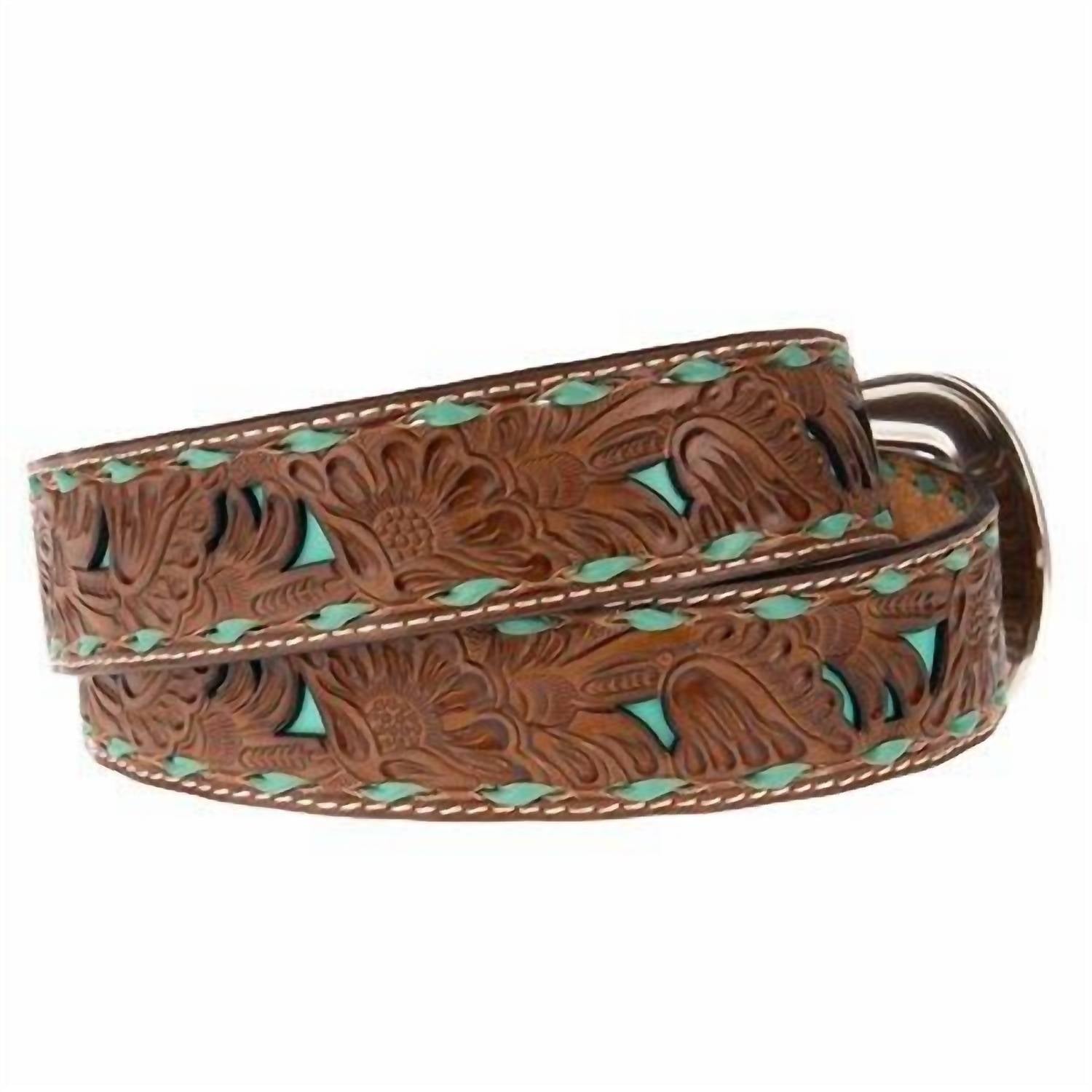 Nocona Belt Co. Floral Embossed Leather Western Belt in brown turquoise - men's accessory - detail view