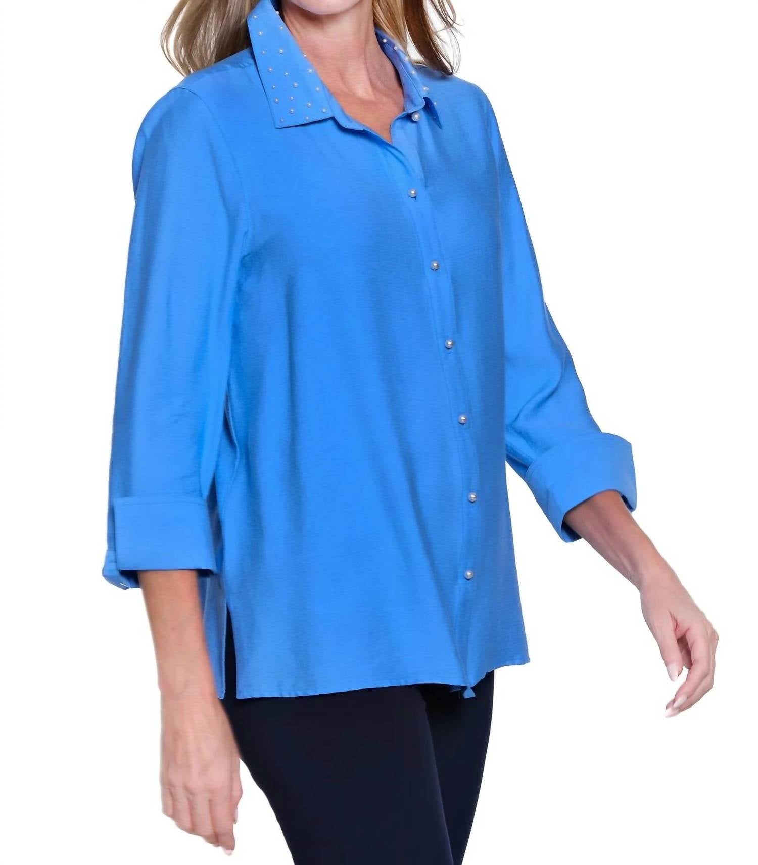 Multiples - Pearl Rivet Button Front Woven Shirt