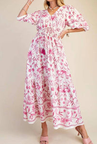 Easel - Women's Floral Botanical Printed Linen Maxi Dress