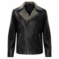Barocco Men's Studded Collar Trim Moto Jacket in black - men's jacket