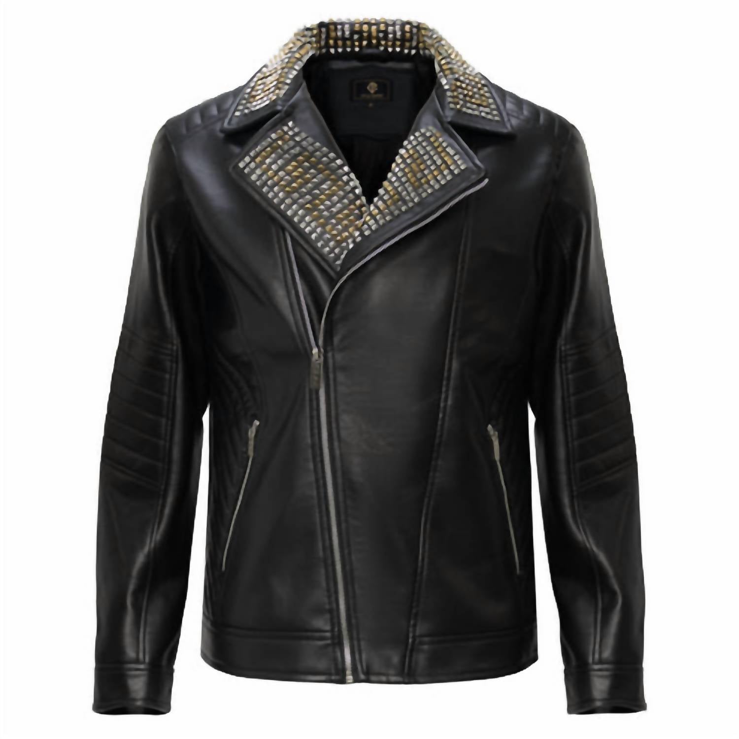 Barocco Men's Studded Collar Trim Moto Jacket in black - men's jacket