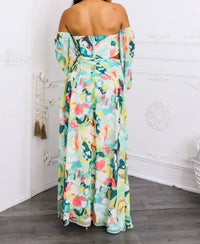 Surelymine - Tropical Floral Puff Sleeve Two-Piece Set with Slit Skirt