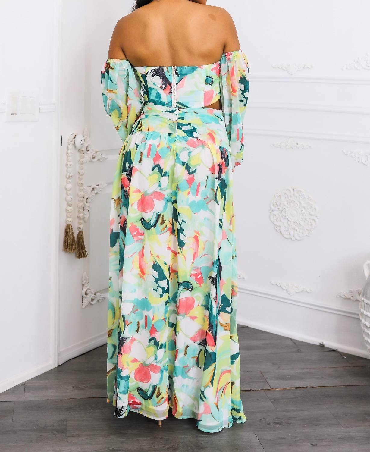Surelymine - Tropical Floral Puff Sleeve Two-Piece Set with Slit Skirt