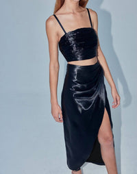Aiifos Orla Satin Midi Skirt in metallic black - women's skirt - detail view