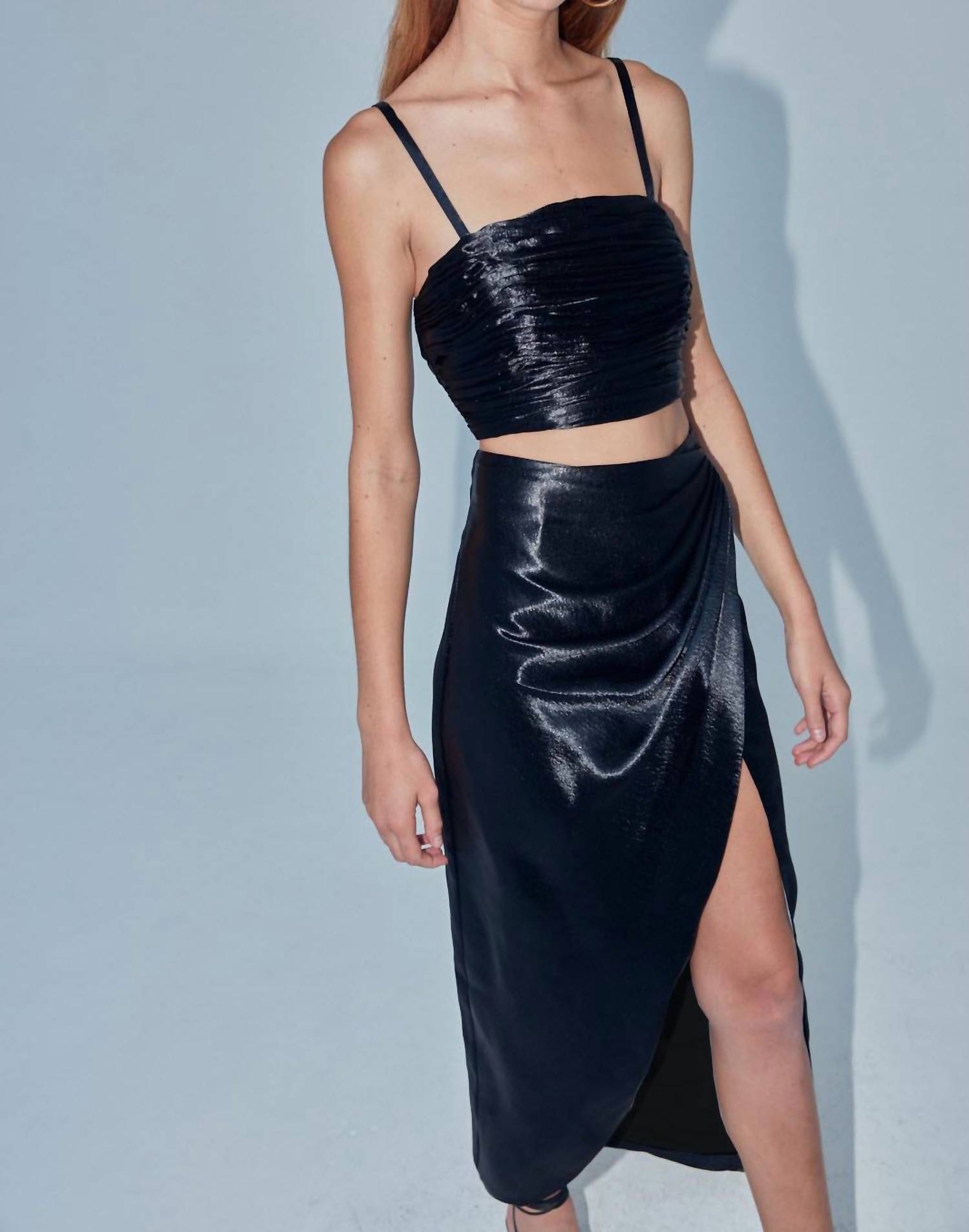 Aiifos Orla Satin Midi Skirt in metallic black - women's skirt - detail view