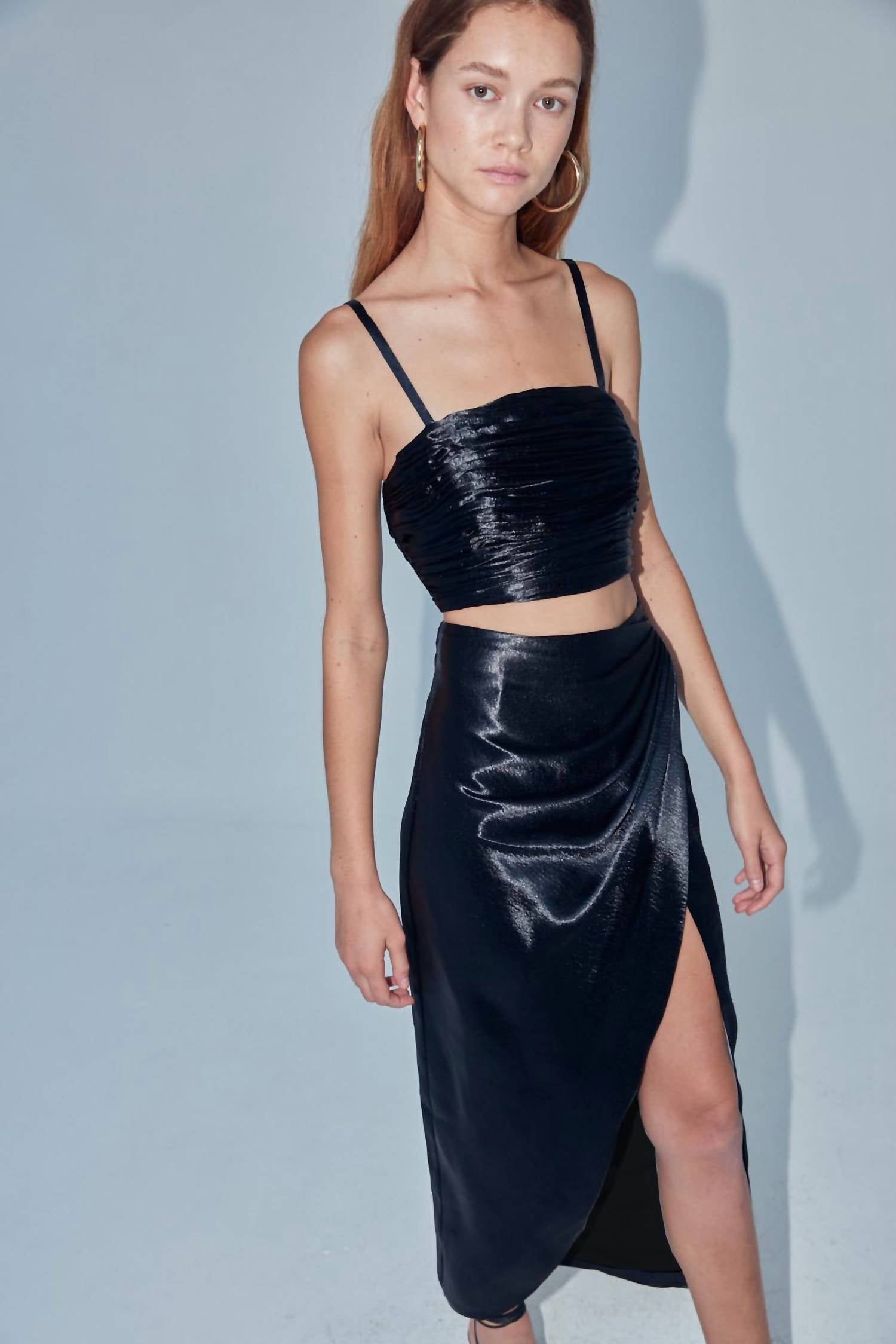 Aiifos Orla Satin Midi Skirt in metallic black - women's skirt - alternate view