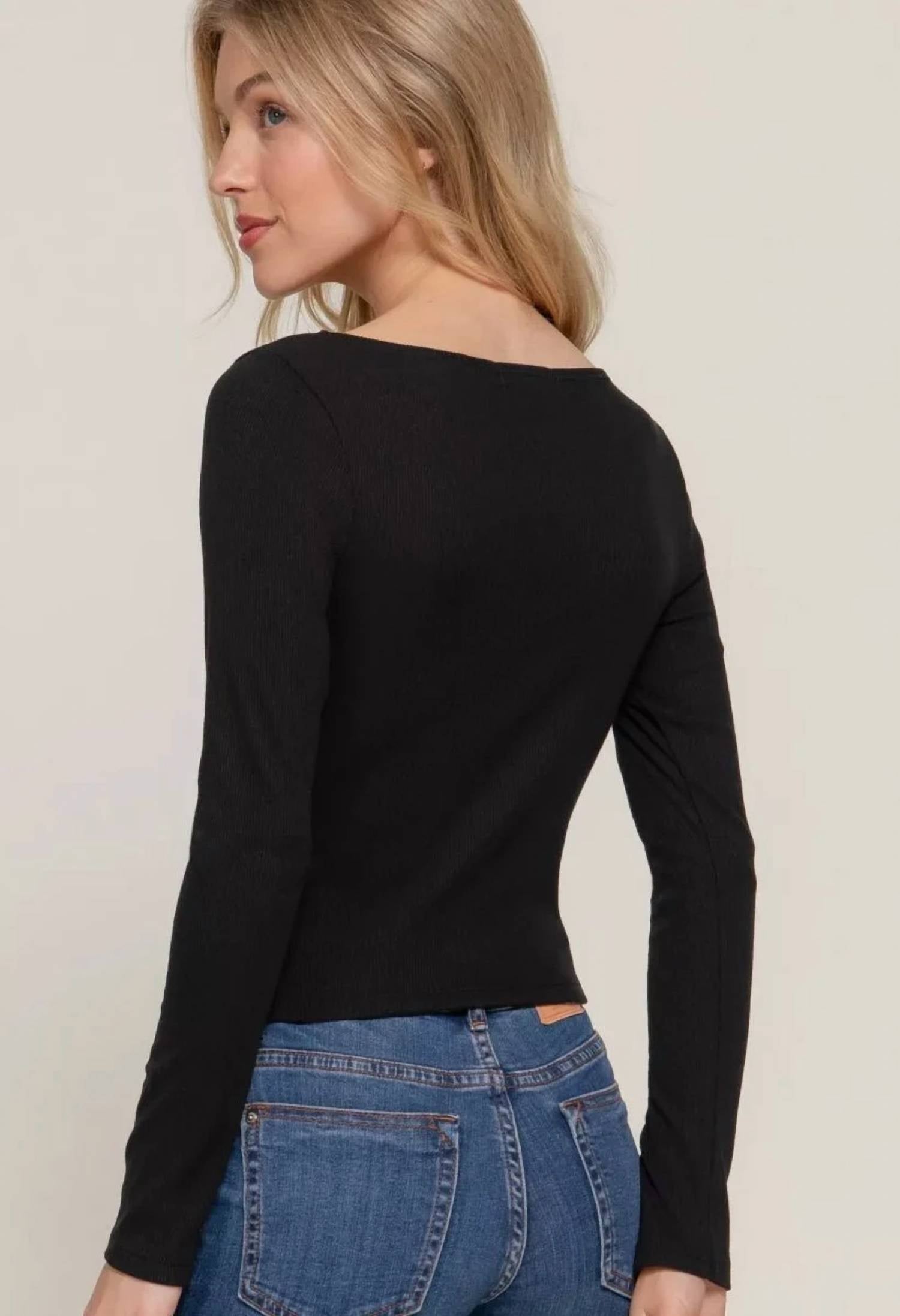 Active Basic - Long Sleeve Fitted Boat Ribbed Knit Top