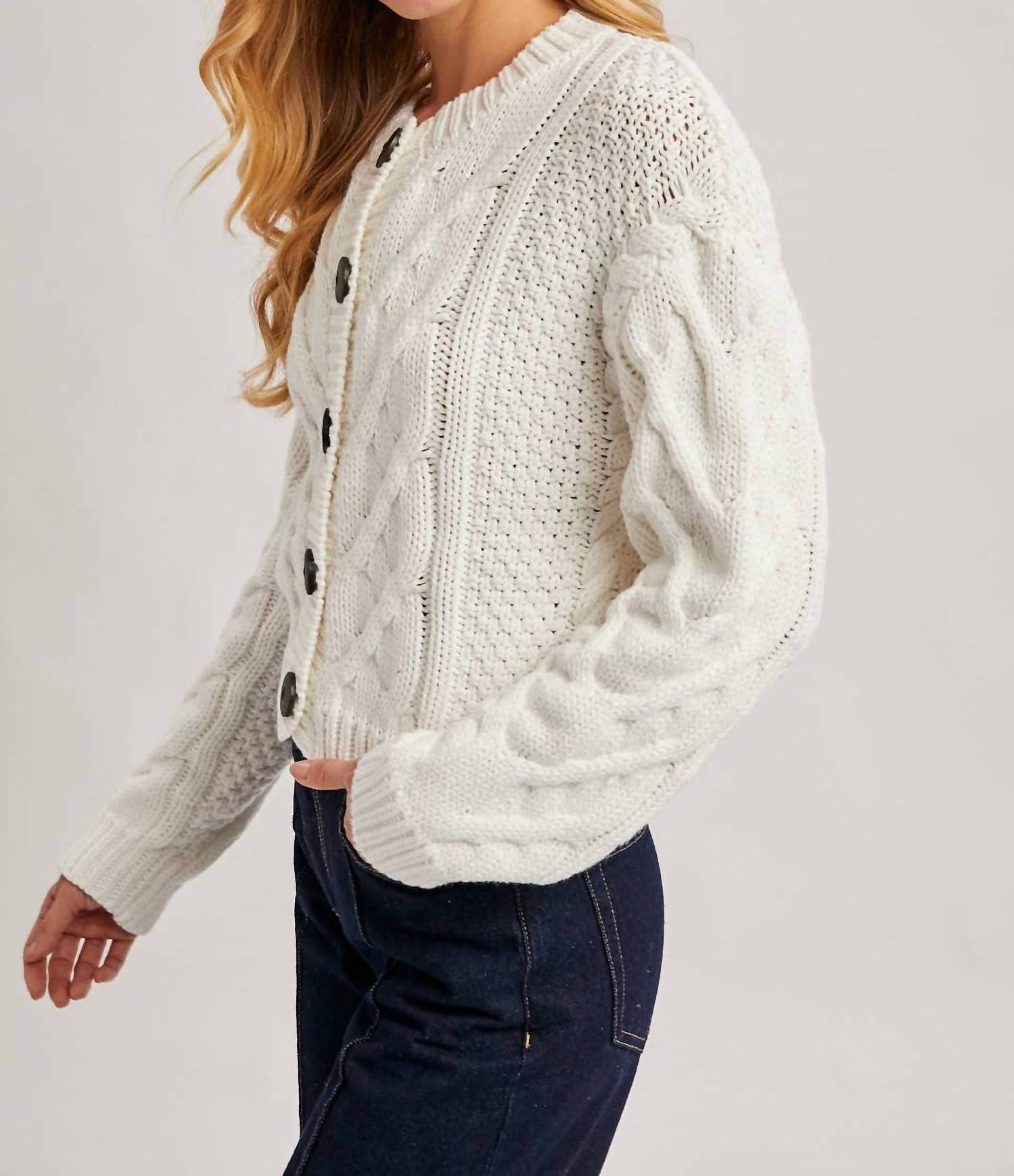 Bluivy - Cropped Button Front Cable Knit Cardigan