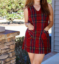 day + moon Sleeveless Tweed Plaid Dress in red - women's dress