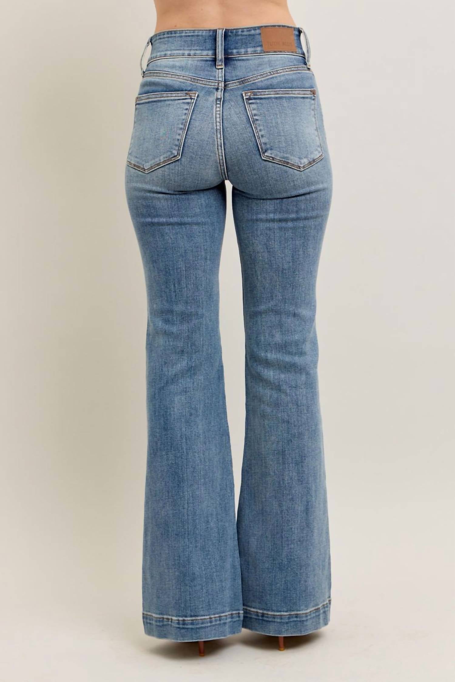 Judy Blue High Waist Double Button Trouser Flare Jeans in medium blue - women's jeans - alternate view