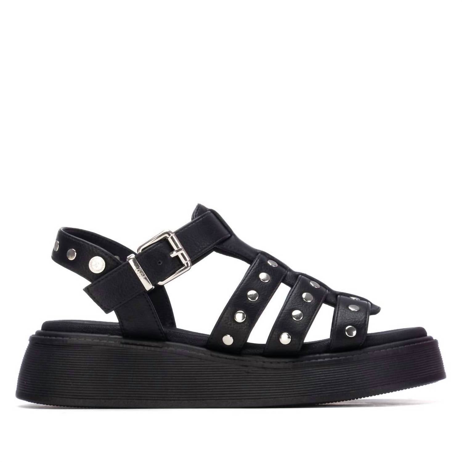 Xti Women's Flat Studded Strap Sandals in black - women's sandal - detail view