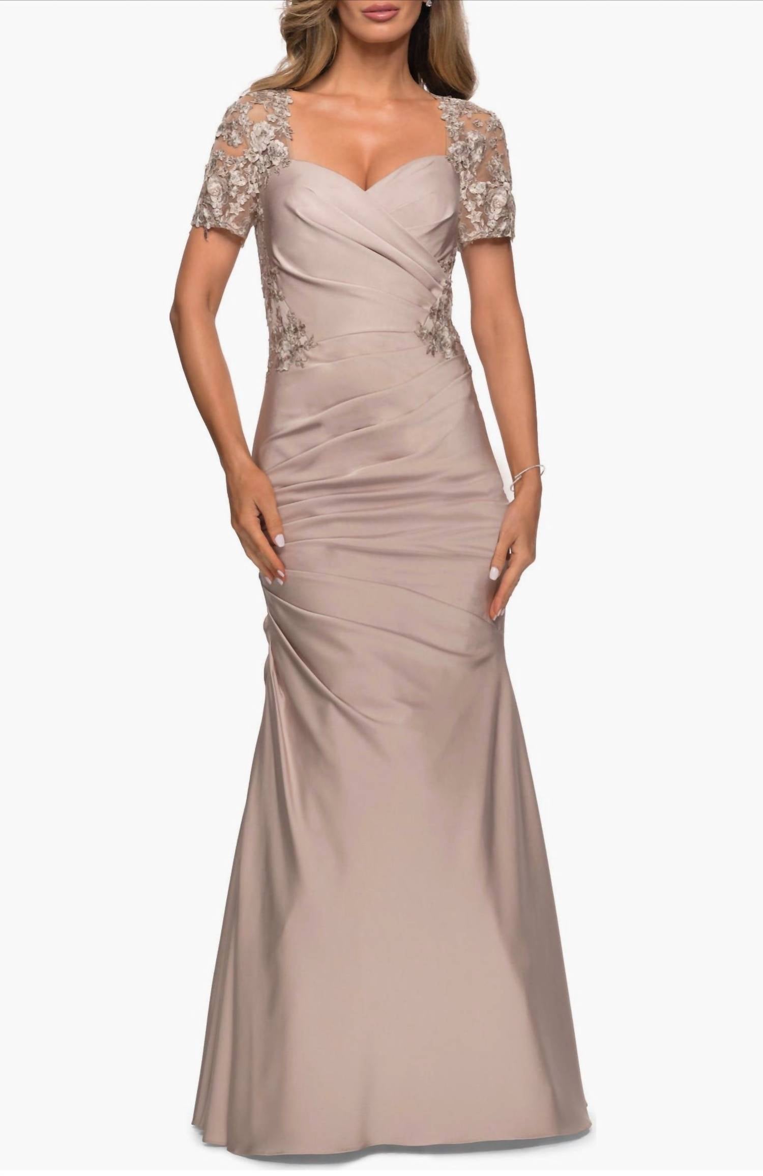La Femme - Floral Appliqué Satin Trumpet Gown