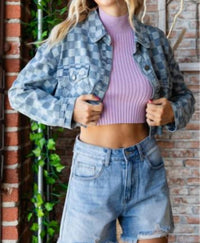 Veveret - Denim Check Print Crop Shirt Jacket
